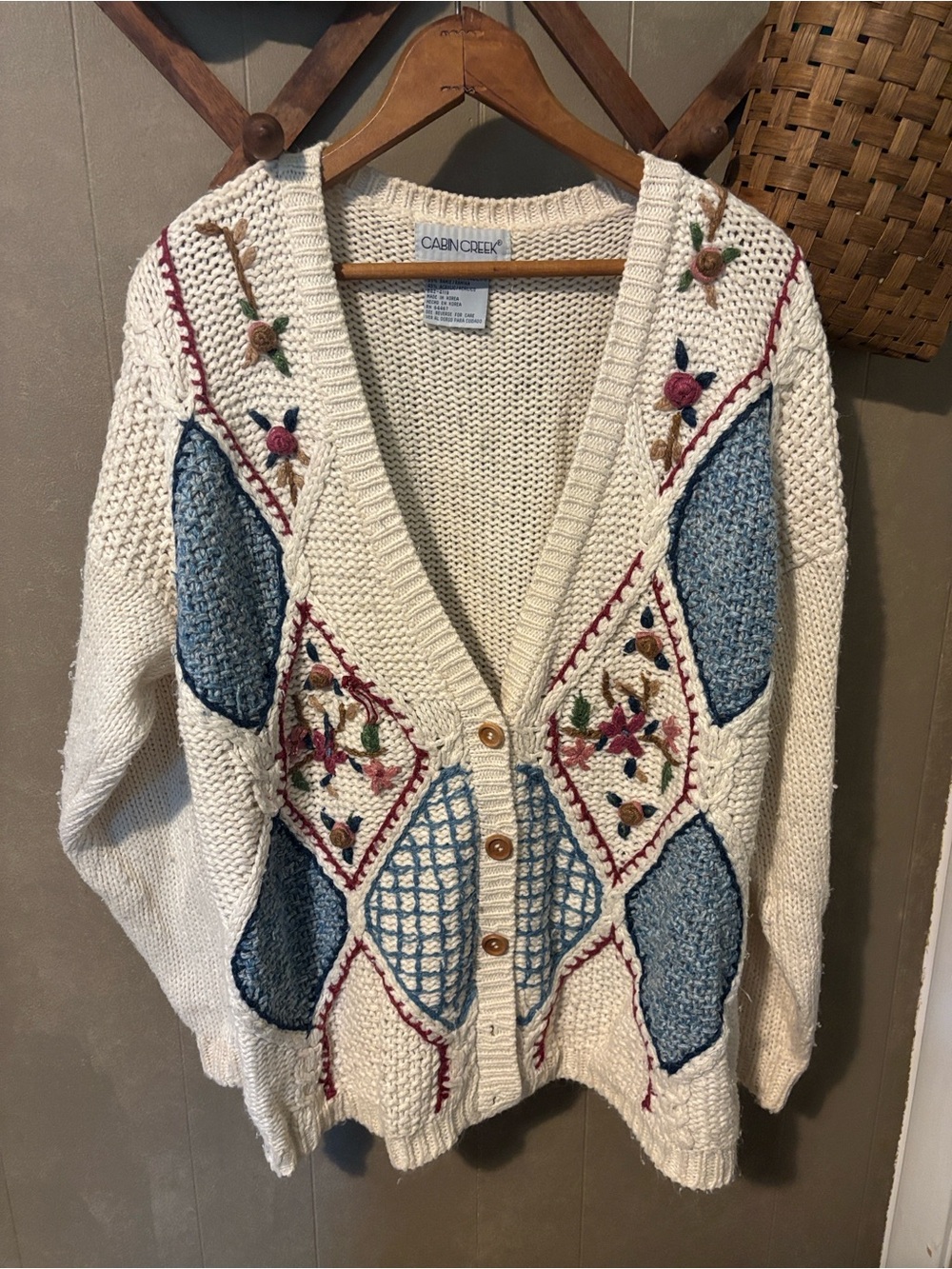Cabin Creek Cream Knit Cardigan with Blue Panels and Floral Embroidery